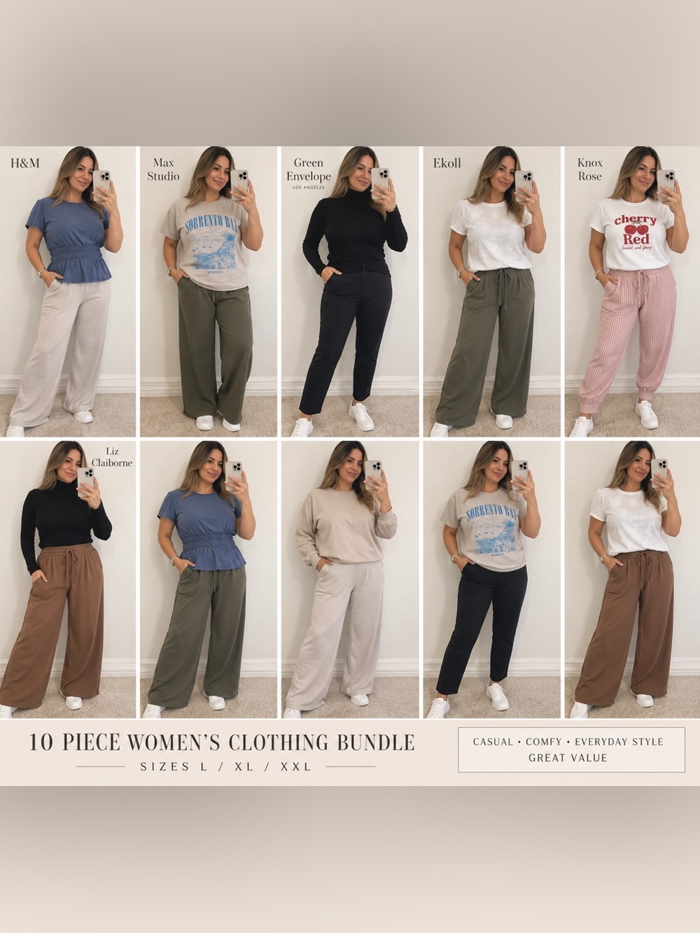 Mixed Brands Women's 10pc Clothing Bundle L/XL/XXL Knit Cotton Tops & Pants